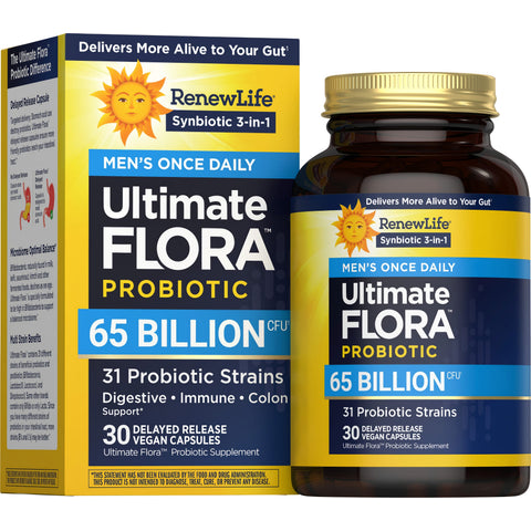View 1 RenewLife Ultimate Flora Probiotic Men's Once Daily, 65 Billion CFU, 31 strains, 30 delayed-release vegan capsules.