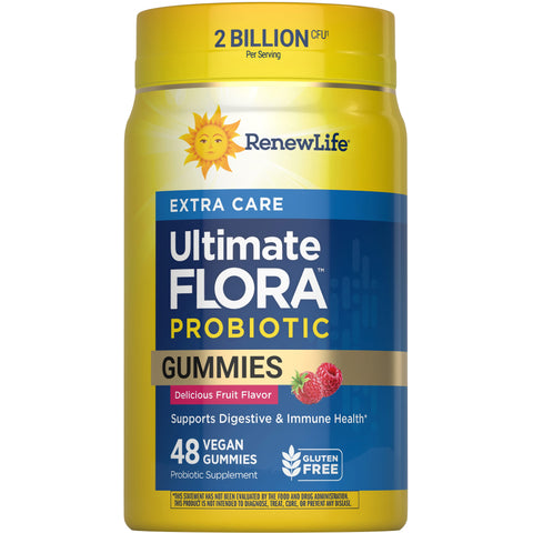 View 1 Ultimate FLORA Probiotic Gummies with 2 Billion CFU; 48 vegan, fruit-flavored gummies for digestive and immune support, gluten-free.