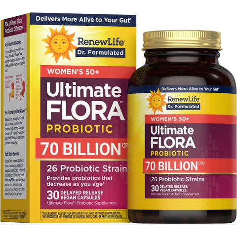 View 1 Ultimate FLORA Probiotic Women's 50+ features 70 Billion CFU, 26 strains, 30 delayed-release vegan capsules.