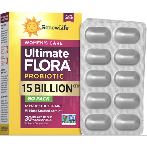View 1 Ultimate Flora Probiotic Women's Care with 15 Billion CFU in 30 delayed release vegan capsules, includes Go Pack box and blister pack.