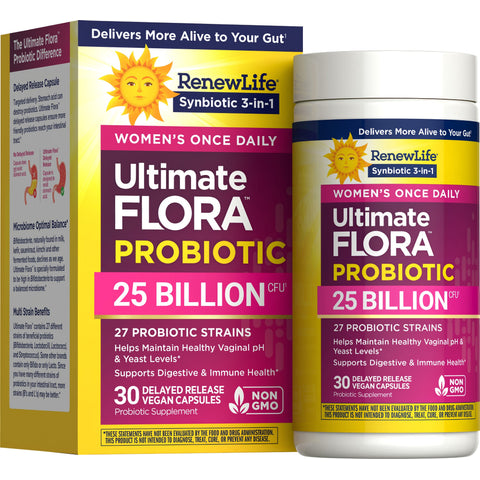 View 1 Ultimate FLORA Probiotic Women's Once Daily includes 25 Billion CFU in 30 vegan, delayed-release, non-GMO capsules.