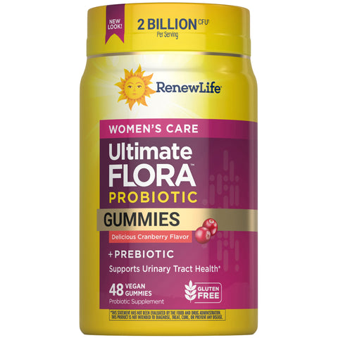 View 1 RenewLife Ultimate FLORA Probiotic Gummies for women, 2 Billion CFU, cranberry flavor with prebiotic, 48 vegan gummies.