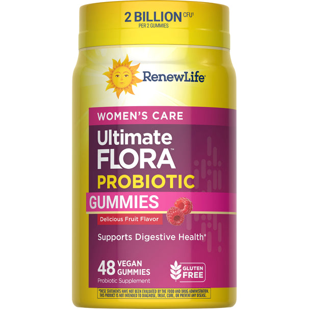 View 1 RenewLife Women's Care Ultimate FLORA Probiotic Gummies, 2 Billion CFU, 48 Vegan, Gluten-Free, Fruit Flavor bottle.