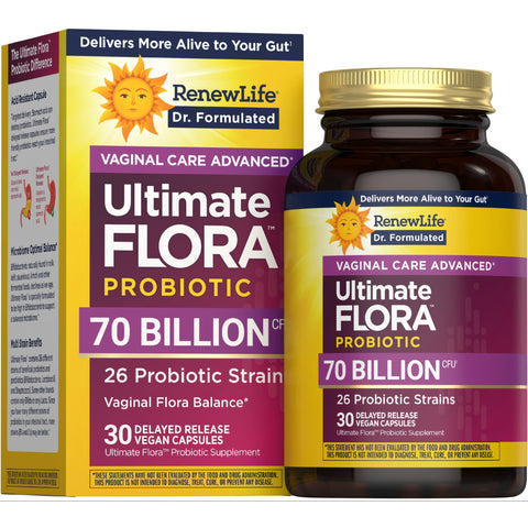 View 1 RenewLife Ultimate Flora Vaginal Care Probiotic, 70 Billion CFU, 30 Delayed Release Vegan Capsules.