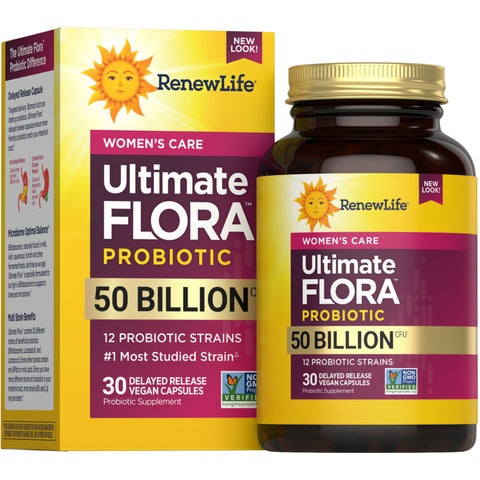 View 1 Ultimate Flora Women's Care Probiotic with 50 Billion CFU and 12 strains, 30 delayed release vegan capsules.