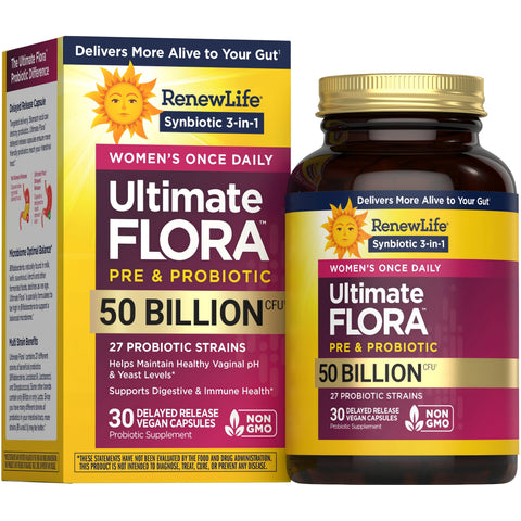 View 1 RenewLife Ultimate FLORA Women's Once Daily Pre & Probiotic, 50 Billion CFU, 30 Delayed Release Vegan Capsules.