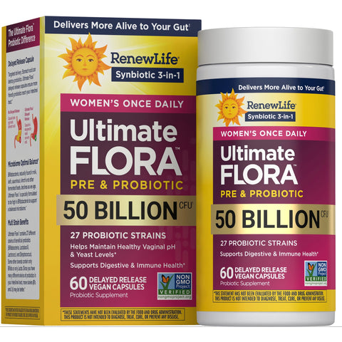 View 1 Ultimate Flora Women's Once Daily Pre & Probiotic with 50 Billion CFU, 60 vegan capsules, delayed release.