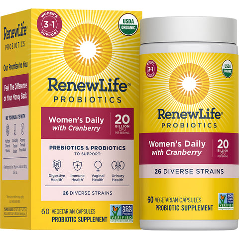 View 1 Women's Daily Probiotic + Prebiotic with cranberry, offering 20 billion CFU and 26 strains, includes 60 vegetarian capsules.