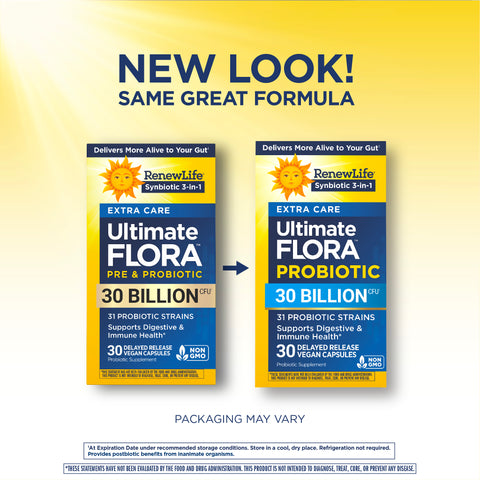 View 3 RenewLife Ultimate Flora Extra Care Probiotic, 30 Billion CFU, 30 Delayed Release Vegan Capsules. New look, same formula.