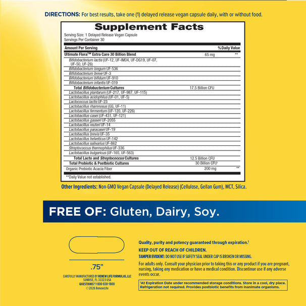 View 2 Ult Flora Extra Care 30 Billion 30 Veg Caps Supplement Facts panel, 3-pack, shown clearly.
