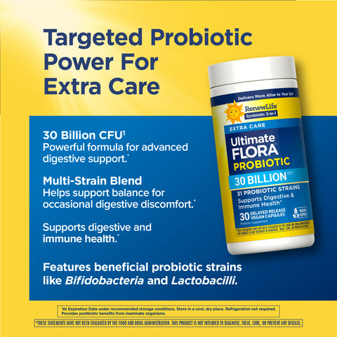 View 5 RenewLife Ultimate Flora Probiotic Extra Care with 30 Billion CFU in 30 delayed release vegan capsules.