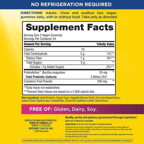 View 2 Supplement Facts for Women's Probiotic 2 Billion with Cran 48 Gummies.