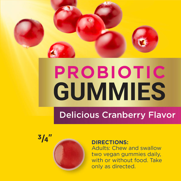 View 4 Probiotic Gummies with cranberry flavor. A 3/4 inch red gummy is shown, with directions for adult use.