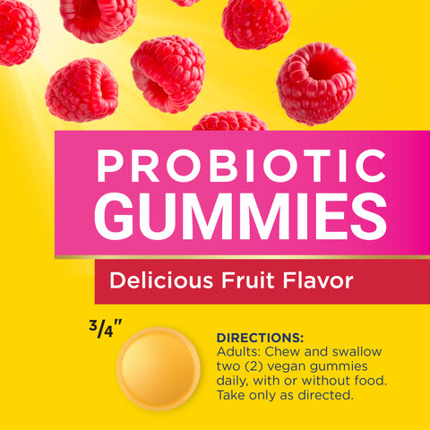 View 3 A 3/4 inch round orange-yellow Probiotic Gummy with 'Delicious Fruit Flavor' text and directions for adult use.