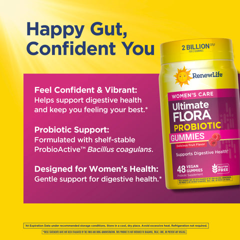 View 5 RenewLife Women's Care Ultimate Flora Probiotic Gummies, 48 Vegan, Gluten Free. Contains 2 Billion CFU for digestive health.