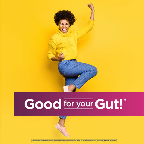 View 6 Energetic young Black woman jumping and cheering, with a banner stating 'Good for your Gut!*' for Women's Probiotic.