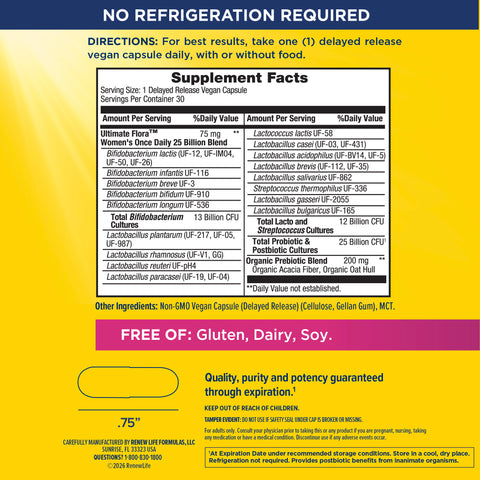View 2 Image of supplement facts panel for Ult Flora Womens 25 Billion 30 Veg Caps.