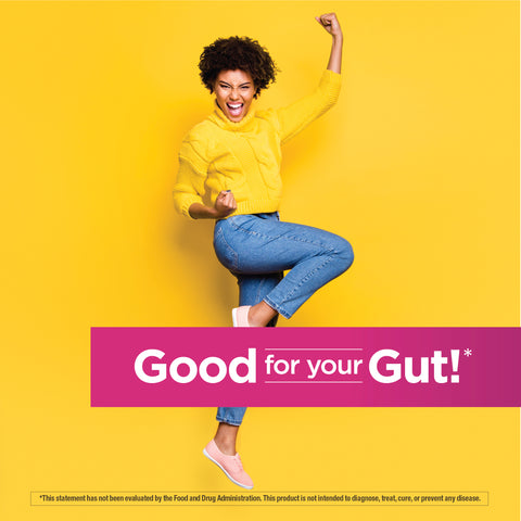 View 6 A young woman celebrating with text 'Good for your Gut!' promoting a women's probiotic.