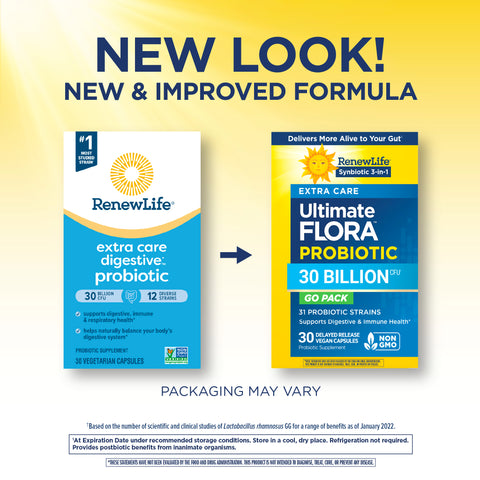 View 3 RenewLife Ultimate Flora Extra Care Probiotic 30 Billion CFU 30 Vegan Capsules with old and new packaging designs.