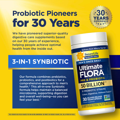View 6 RenewLife Ultimate Flora Men's 50 Billion 30 Vegan Capsules, a 3-in-1 Synbiotic with 30 years of experience.