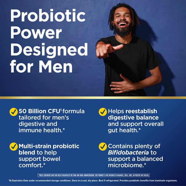 View 4 Product highlights graphic stating: Men's 50 Billion CFU probiotic for digestive and immune health, bowel comfort, balanced microbiome.