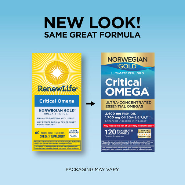 View 3 New packaging for Norwegian Gold Critical Omega 120 Fish Gelatin Softgels; previously RenewLife Critical Omega 60 Enteric-Coated Softgels.