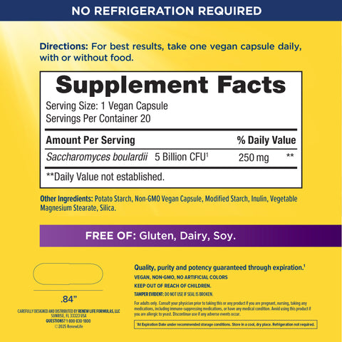 View 3 RN Ult Flora Saccharomyces Boulardii with 20 vegan capsules, 5 billion CFU, and 250 mg of Saccharomyces boulardii.