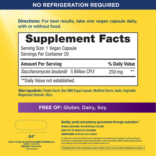 View 2 RN Ult Flora Saccharomyces Boulardii with 20 vegan capsules, 5 billion CFU, and 250 mg of Saccharomyces boulardii.