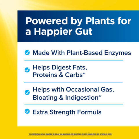 View 3 Product highlights graphic stating Plant-Based Enzymes, Digests Fats, Proteins & Carbs, Helps Gas, Bloating & Indigestion, Extra Strength.