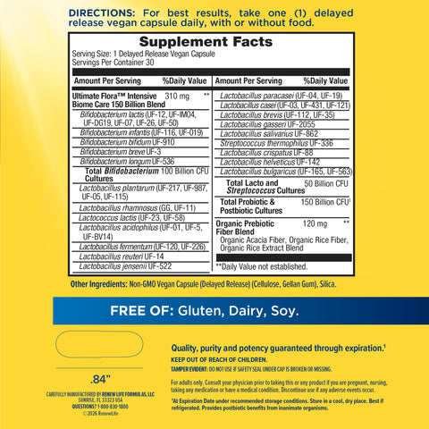 View 2 Supplement Facts panel for Ultimate Flora Extra Care 150 Billion, 30 Vegetable Capsules.