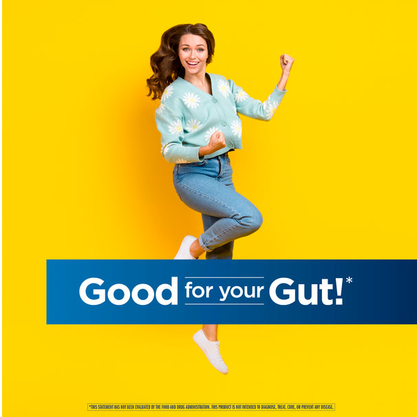 View 5 Young woman jumps excitedly with clenched fists and a happy expression, with blue banner text 'Good for your Gut!'
