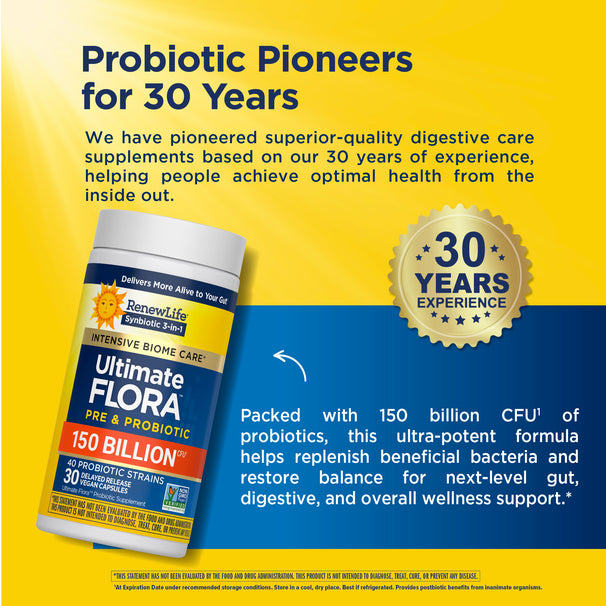 View 6 RenewLife Ultimate Flora 150 Billion CFU Probiotic with 40 strains, 30 delayed release vegan capsules.