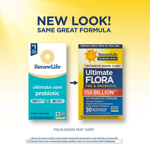 View 3 RenewLife Ultimate Flora Extra Care 150 Billion 30 Capsules: old and new packaging, same effective formula.