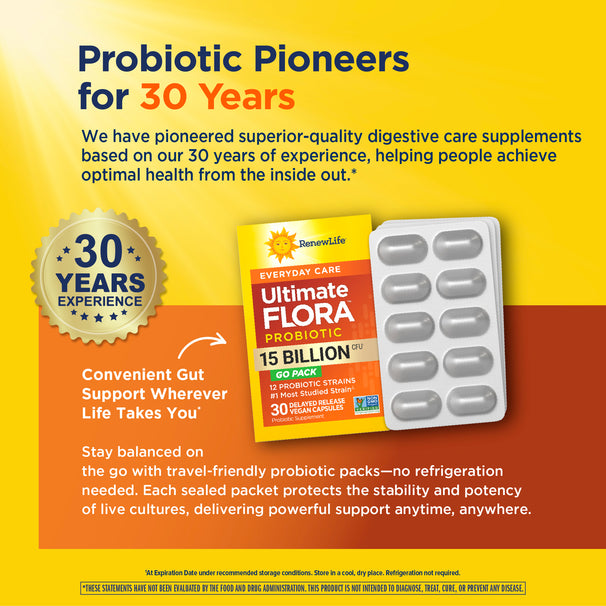 View 7 RenewLife Ultimate Flora Everyday GO PACK Probiotic 15 Billion with 30 delayed-release vegan capsules and blister packaging.