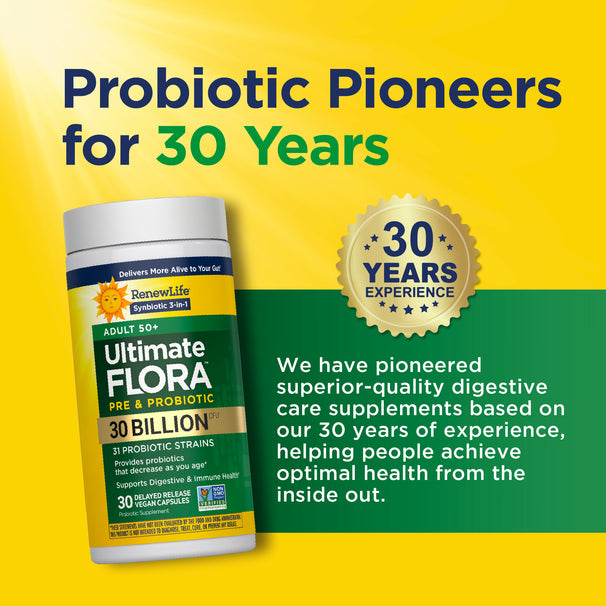 View 7 Ultimate Flora Adult 50+ Pre & Probiotic with 30 Billion CFU in 30 delayed-release vegan capsules.