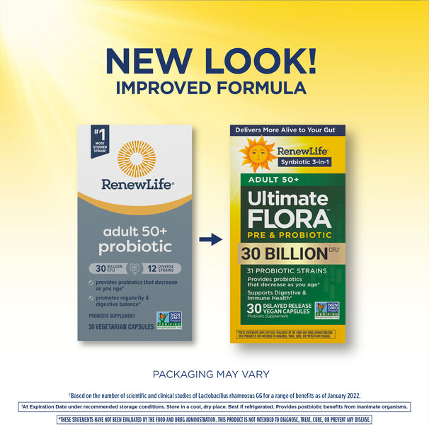 View 3 New Look & Improved Formula: RenewLife Ultimate Flora Adult 50+ Synbiotic 3-in-1, 30 Billion CFU, 30 Delayed Release Vegan Capsules.