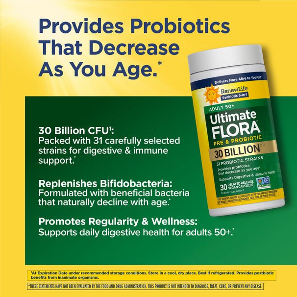 View 5 RenewLife Ultimate Flora Adult 50+ Pre & Probiotic features 30 Billion CFU and 30 Delayed Release Vegan Capsules.