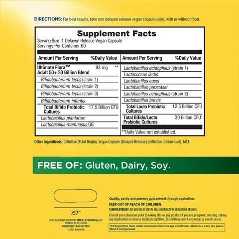View 2 Supplement Facts panel for Ultimate Flora Adult 50+ with 30 billion CFU per serving in 60 vegetarian capsules.