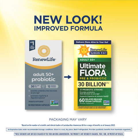 View 4 RN Ultimate Flora Adult 50+ 30 Billion 60 Veg Capsules in updated packaging with a new look and improved formula.
