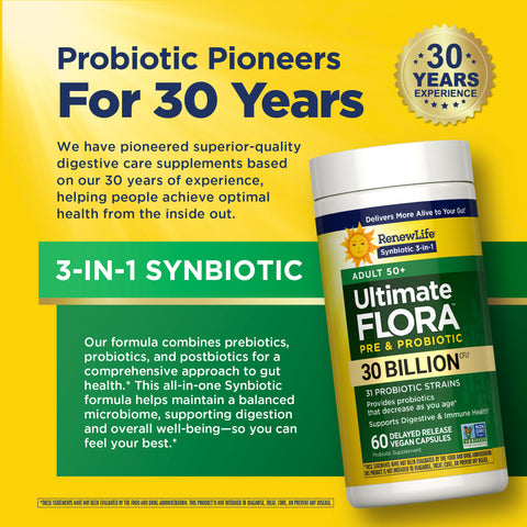 View 8 RenewLife Ultimate Flora Adult 50+ PRE & PROBIOTIC, 30 Billion, 60 Vegan Capsules, Delayed Release.