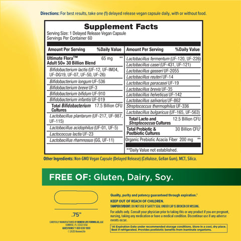 View 3 Ultimate Flora Adult 50+ 30 Billion 60 Veg Capsules label. Free of gluten, dairy, and soy.