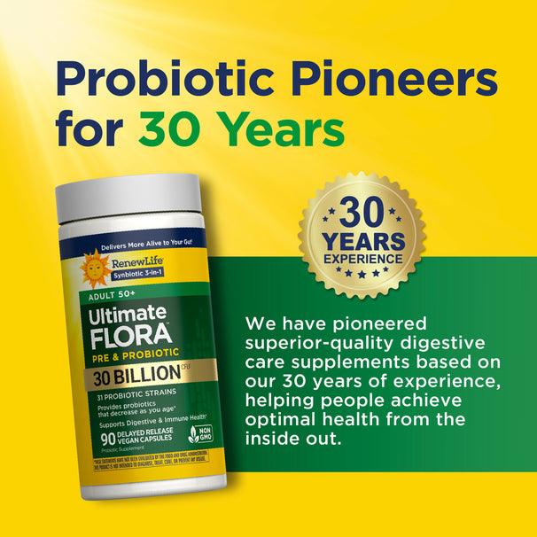 View 7 RenewLife Ultimate Flora Adult 50+ Pre & Probiotic with 30 Billion CFU in 90 delayed release, vegan, non-GMO capsules.