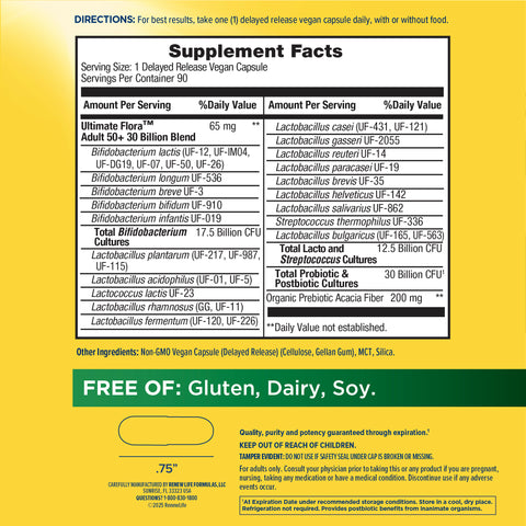 View 2 Supplement Facts panel for Ultimate Flora Adult 50+ 30 Billion 90 Veg Capsules.