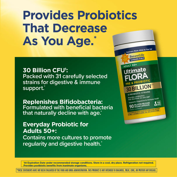 View 5 RenewLife Ultimate Flora Adult 50+ Pre and Probiotic, 30 Billion CFU, 90 Vegan Capsules Delayed Release.