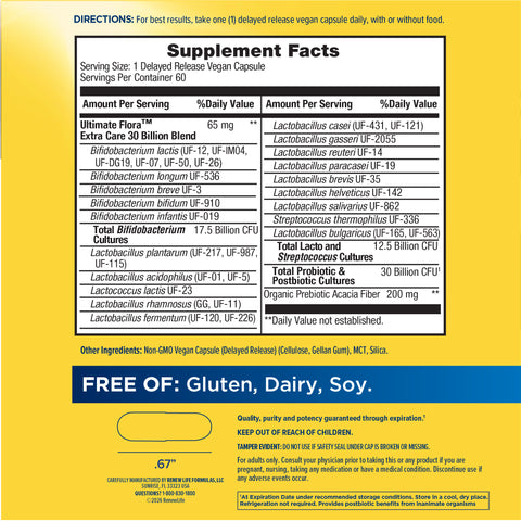 View 2 Supplement Facts for Ultimate Flora Extra Care Digestive, 30 Billion, 60 Veg Caps, displayed on product.