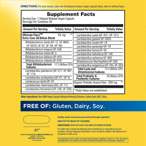 View 2 Supplement Facts for Ult Flora Extra Care Digestive with 30 Billion CFU in 60 Veg Caps.