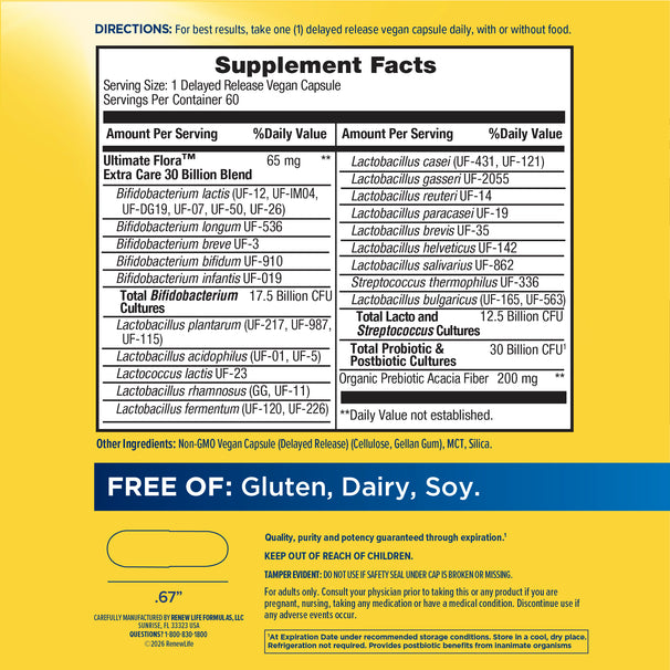 View 2 Supplement Facts for Ult Flora Extra Care Digestive with 30 Billion CFU in 60 Veg Caps.