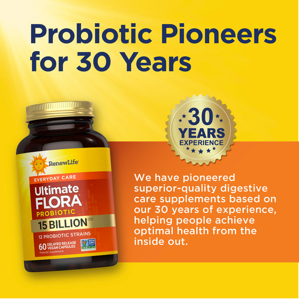 View 7 RenewLife Ultimate Flora Probiotic bottle with 'Probiotic Pioneers for 30 Years', promoting optimal health.