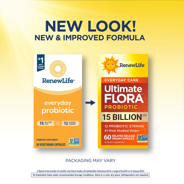 View 3 RenewLife Ultimate Flora Everyday 15 Billion 60 Veg Capsules, featuring old and new packaging with 'New Look!' banner.