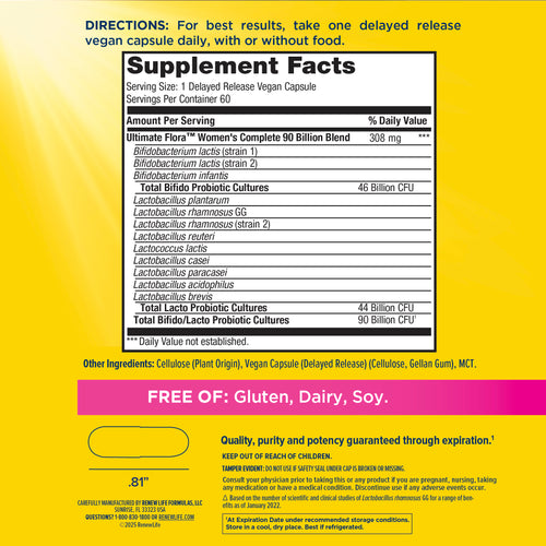 View 3 Ultimate Flora Women's Complete Probiotic 90 Billion, 60 Delayed Release Vegan Caps Supplement Facts